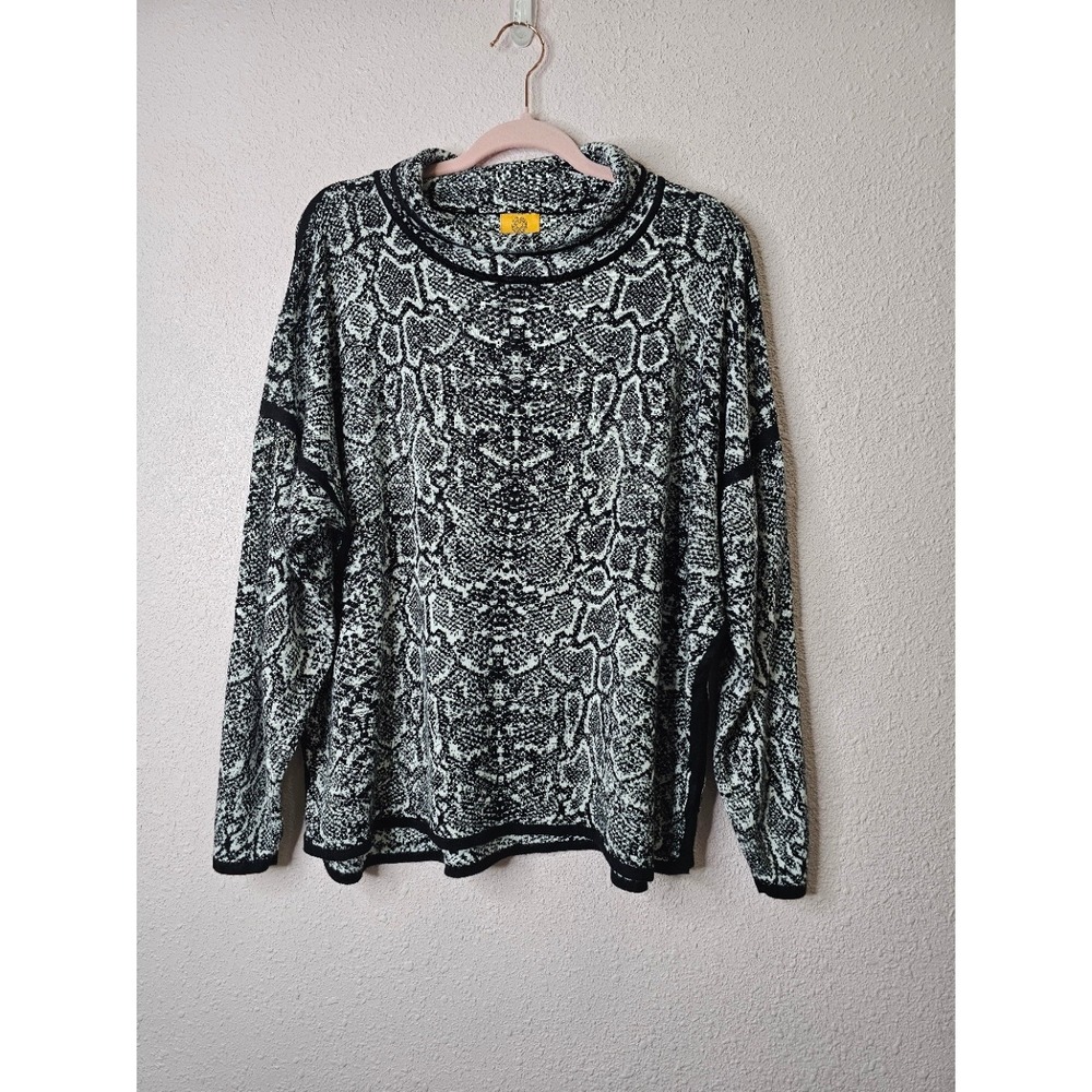 Ruby Rd Woman Snakeskin Print Cowl Neck Rayon Knit Thin Sweater Black White 2X